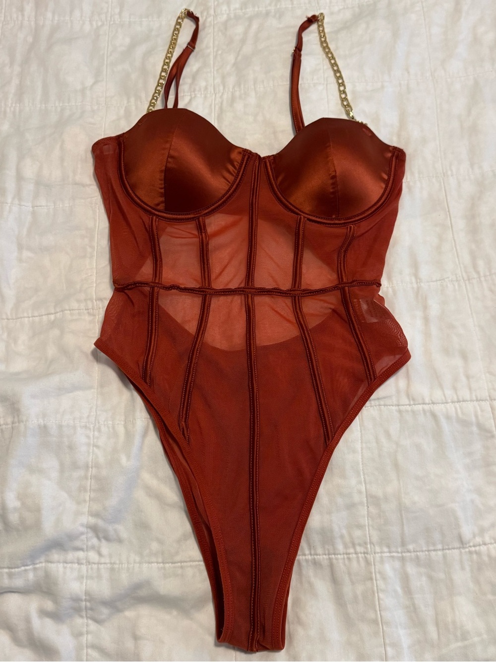 Dark Red Satin Underwire Sheer Mesh Corset Bodysuit Small S Fashion Nova